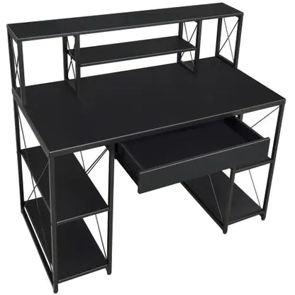 Black Office Desk With Open Shelves And Hutch