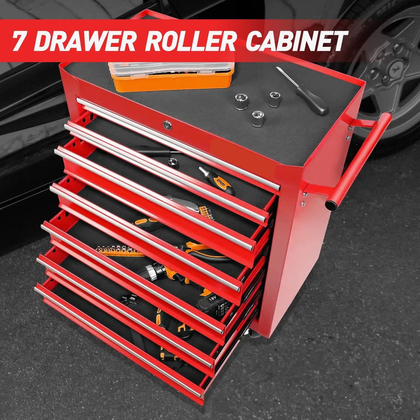 Red Rolling Tool Chest With 7 Drawer Tool Box With Wheels