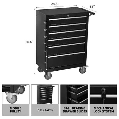 6-Drawer Rolling Tool Chest Cabinet, Large Capacity Metal Tool Box