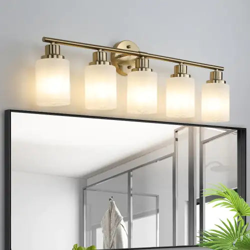 5 Lamps Gold Bathroom Vanity Lamp, Frosted Glass Shade