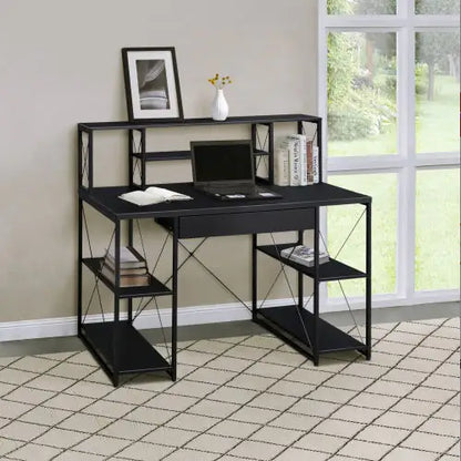 Black Office Desk With Open Shelves And Hutch