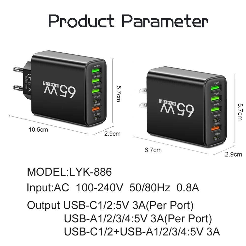 Total 65W USB C Charger 6 Ports