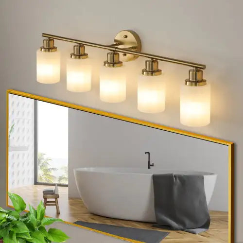 5 Lamps Gold Bathroom Vanity Lamp, Frosted Glass Shade