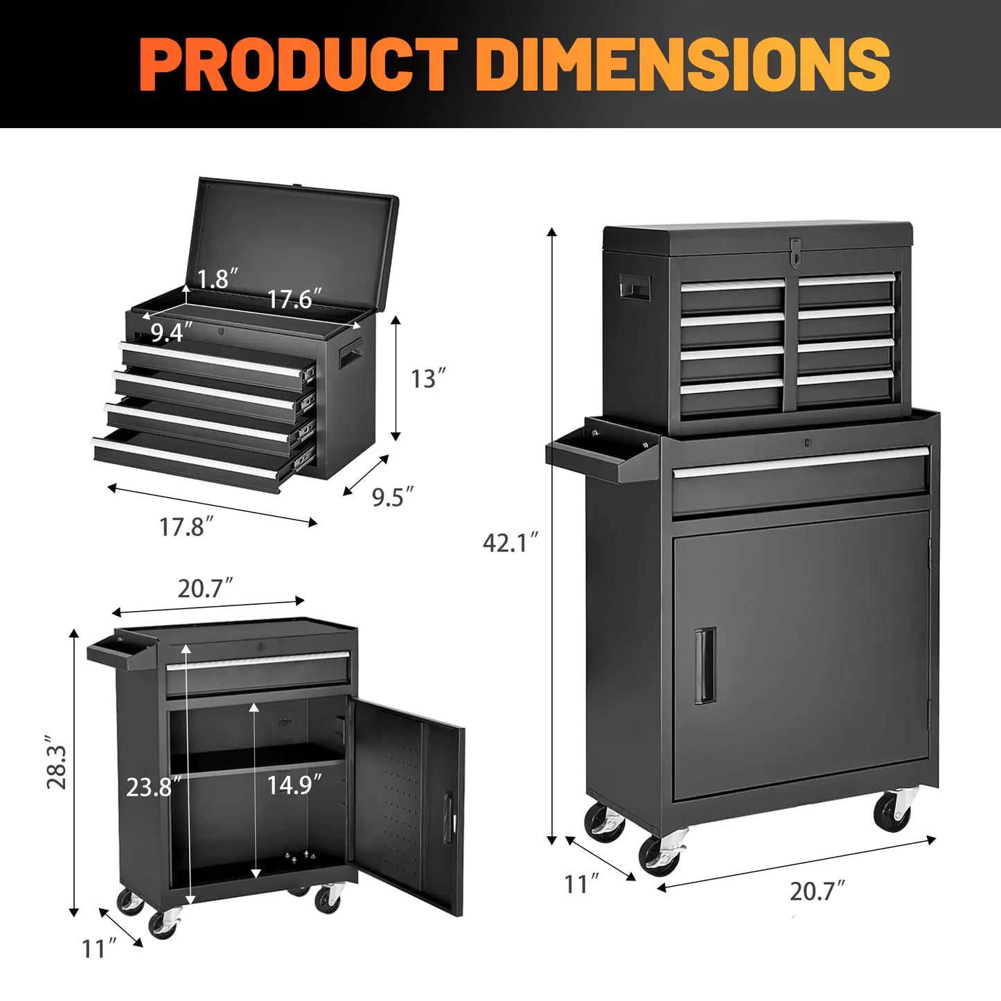 Tool Chest, 5-Drawer Rolling Tool Storage Cabinet With Detachable Top